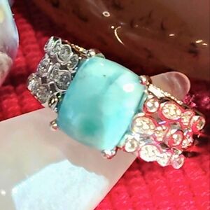 LARIMAR WITH ETERNITY SYMBOL, &  ZIRCON, ON SHOULDERS. STERLING  SIZE *7 NWT
